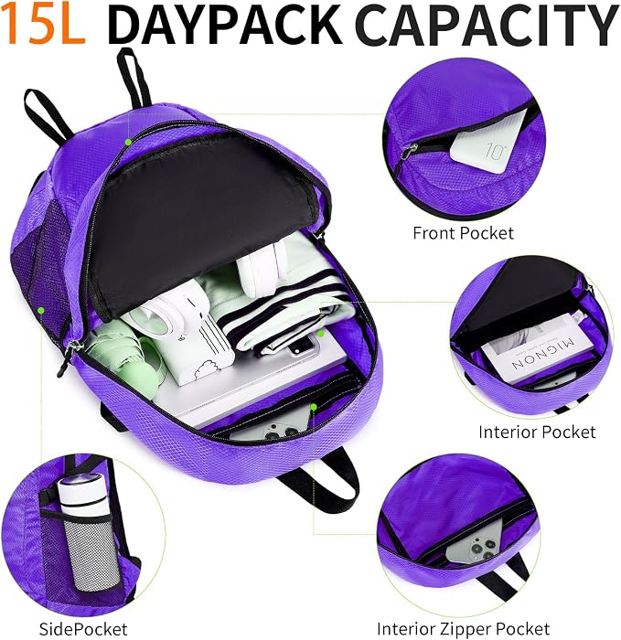 Small Hiking Daypack, 15L Water-Resistant Hiking Backpack Packable Lightweight - Image 4