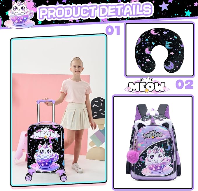 Kid's Luggage Set 5 Piece Suitcase Set 16' Hardside Spinner Wheels Girls Carry - Image 3