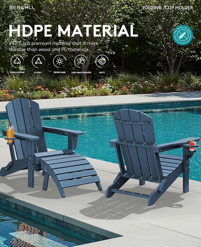 SERWALL Folding Adirondack Chair, Dual Cup Holders & All-Weather HDPE, - Image 12