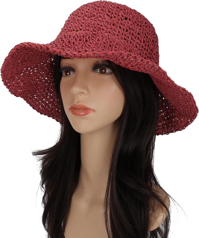 Womens Wide Brim Straw Sun Hat Foldable Floppy Crochet Beach Hat - Image 2