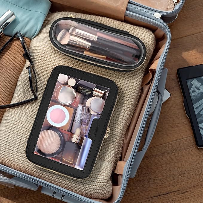 Travel Clear Makeup Bag with Makeup Brush Bag, Leather Makeup Case Toiletry Bag - Image 2