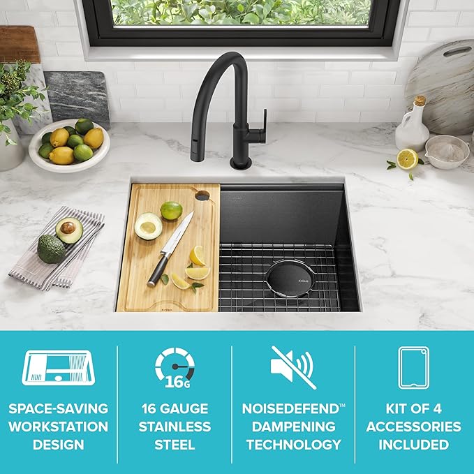 KRAUS Kore 23 Inch Undermount Workstation 16 Gauge Black Stainless Steel Single - Image 3
