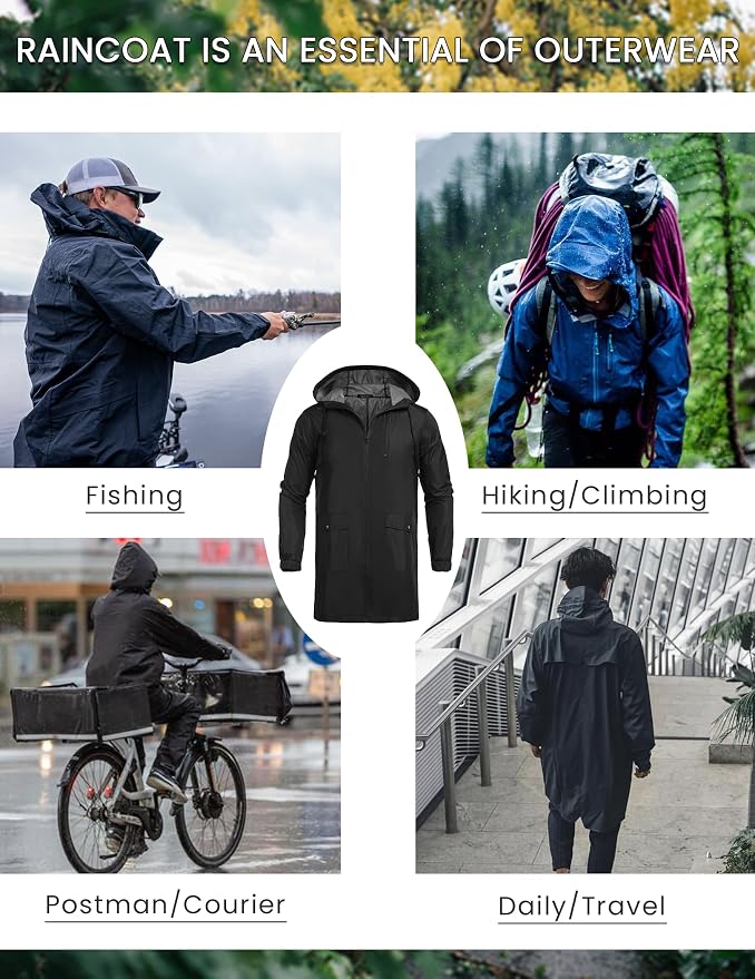 COOFANDY Men's Long Raincoat Ligtweight Rain Jacket Waterproof Outdoor Jackets - Image 4