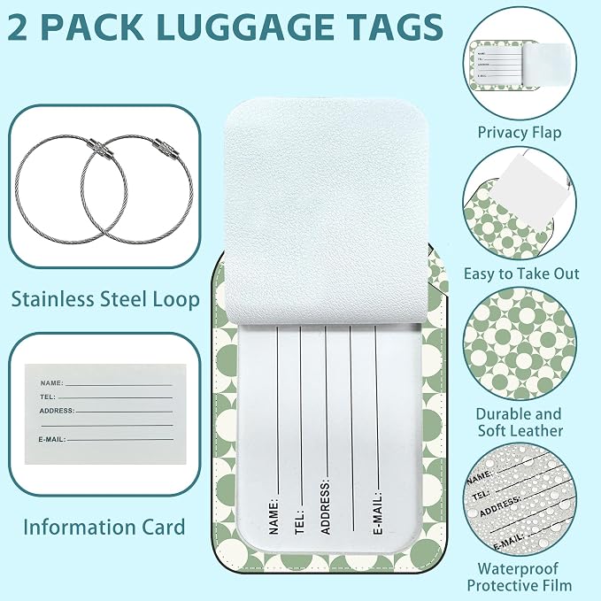 2 Pack Cute Luggage Tag for Suitcases Vintage Groovy Flowers Leather Luggage - Image 2