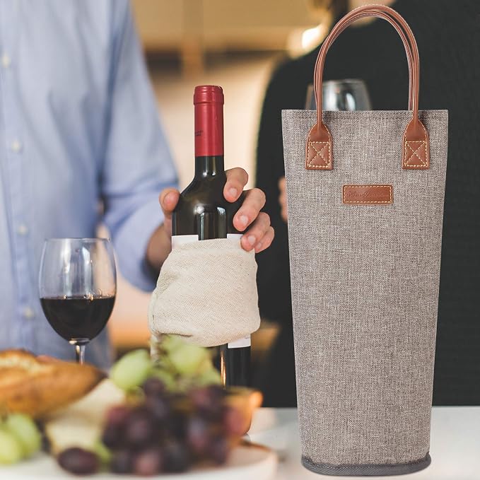 Zormy Single Bottle Insulated Wine Tote, Brushed Khaki Padded Cooler - Image 6