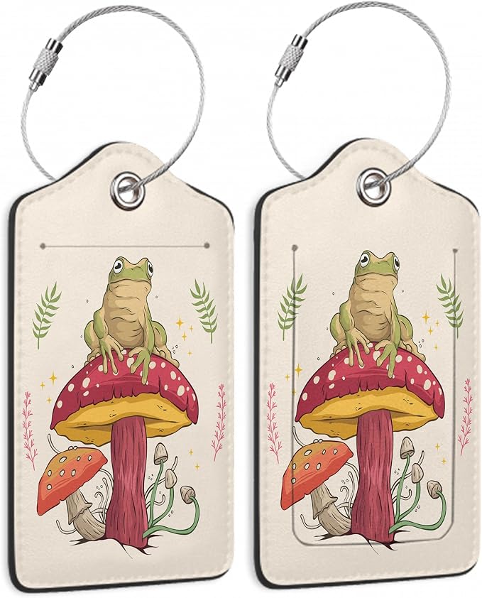 2 Pack Luggage Tags for Suitcase, Frog Sitting On Mushroom Leather Luggage Tag by Yashilaiya