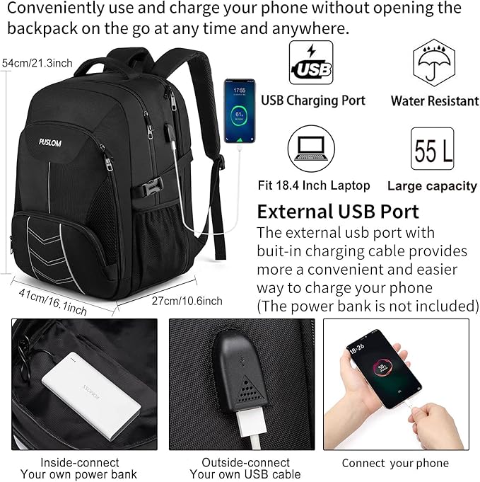 Extra Large Backpack for Men 55L, 18.4Inch Travel Laptop Backpack - Image 2