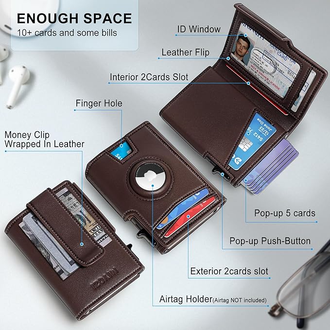 Airtag Wallet for Men, with Money Clip 10 Cards Metal Case Smart Slim Pop Up - Image 2
