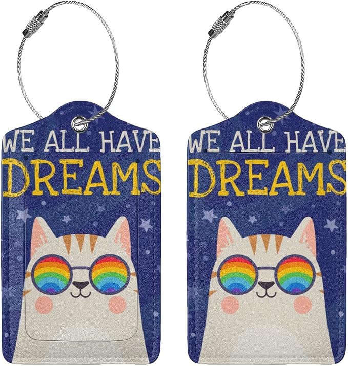 2 Cute Cat with Rainbow in Eye Glasses Luggage Tags, We All Have Dreams - Image 3