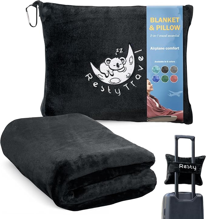Resty 65"x40" Traveling Airplane Blanket, Onyx Black – Lightweight, Velvety by Resty