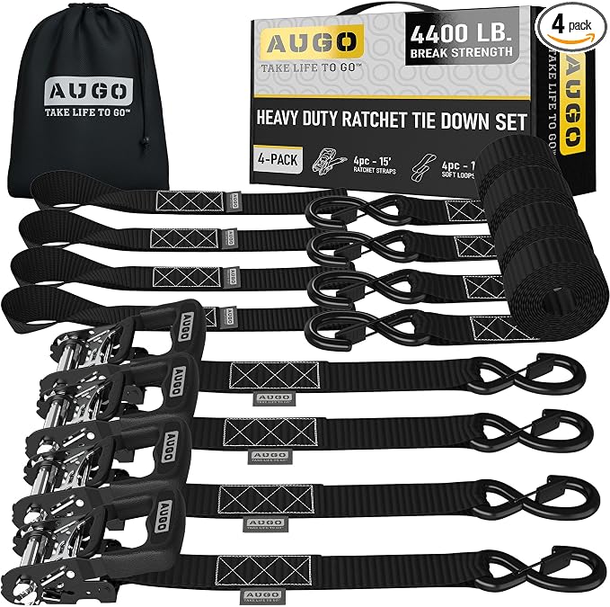 AUGO Heavy Duty Ratchet Straps & Soft Loops – Pack of 4 Extra Strong 1.5” by by AUGO