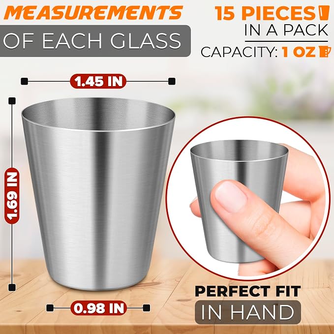 VIKROM 15 Pcs Stainless Steel Shot Glasses - 30ml Tiny Metal Shot Glasses - Image 2