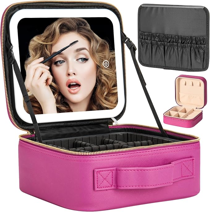 Makeup Travel Train Case with Mirror LED Light 3 Adjustable Brightness Large by Extrei+Gent
