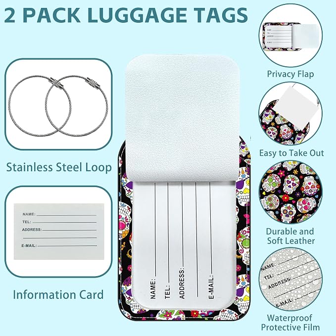 2 Pack Cute Luggage Tag for Suitcases Day of The Dead Sugar Skull Leather - Image 2