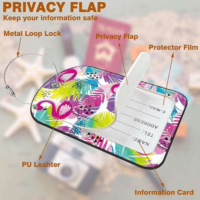 2 PCS Leather Luggage Tag for Suitcase Tropical Leaf and Flamingo Travel - Image 3