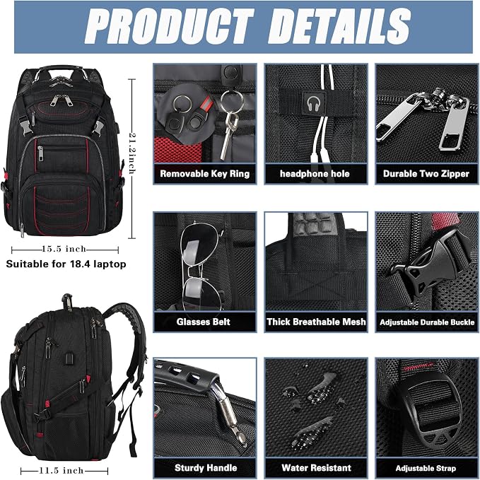 18.4 Laptop Backpack for Men, Extra Large Gaming Laptops Backpack - Image 2