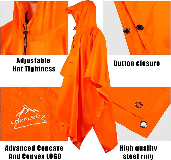 Coralrain Hooded Rain Poncho Lightweight Waterproof Unisex Raincoat Jacket - Image 3