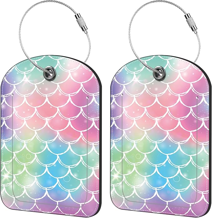 2 Pack Cute Luggage Tag for Suitcases Tie-dye Fish Scale Leather Luggage Tags by iapodiad