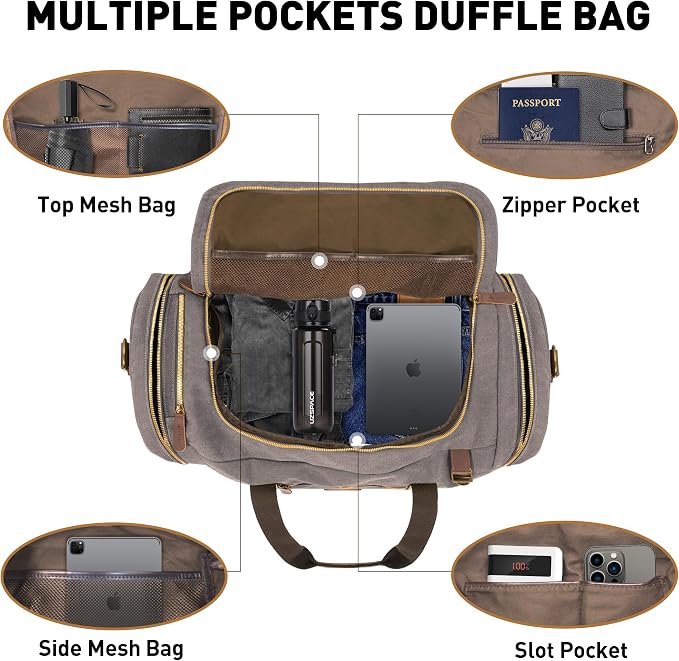 Vintage Canvas Duffle Bag, 50L Genuine Leather Travel Duffel Backpack - Image 4