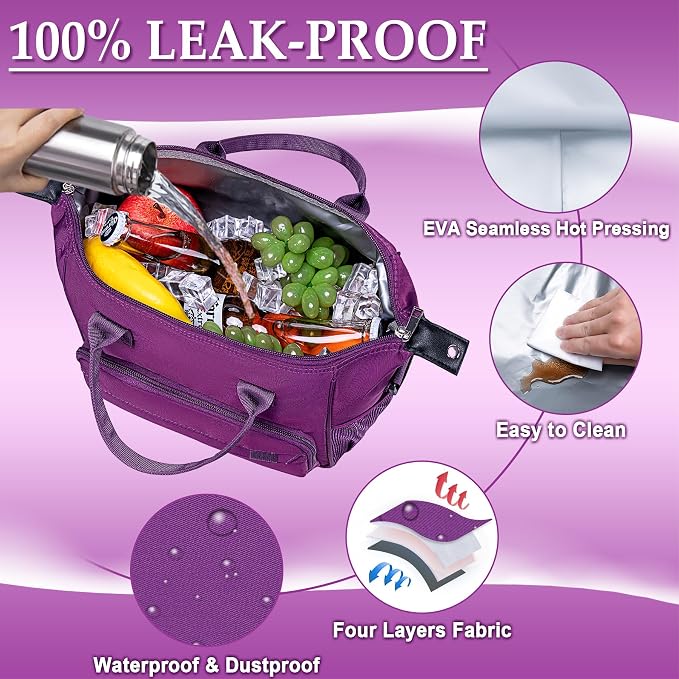 Purple Lunch Box for Women Insulated Lunch Bag Fits Bento Boxes, Snack and Foods - Image 8