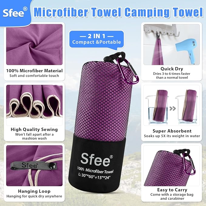 Sfee 2 Pack Microfiber Travel Towel, Quick Dry Towel Camping Towel Large Beach - Image 2