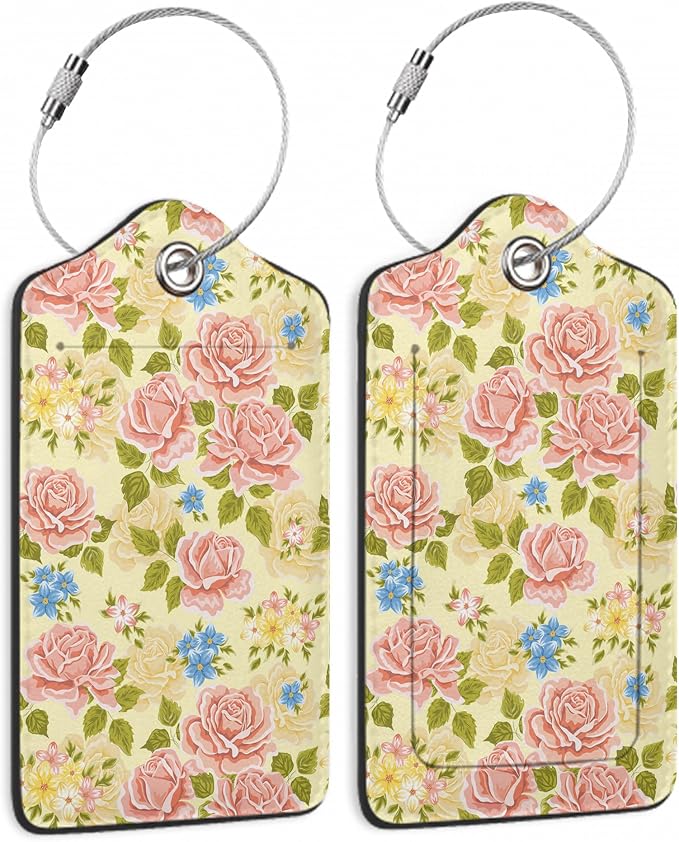 Pink Rose Luggage Tag, Flowers Retro Luggage Tags of Set 2 Leather Identifiers by SKYDAWNY