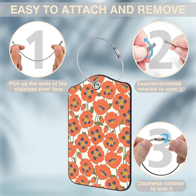 2 Pack Luggage Tags for Suitcases Orange Flowers Leather Luggage Tags Privacy - Image 4