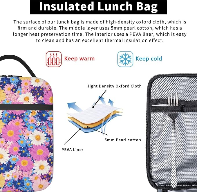 Floral Insulated Lunch Box for Women Men Floral Lunch Bag for Travel, or - Image 5