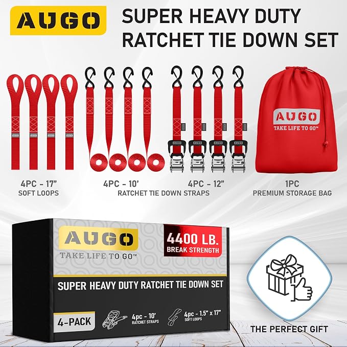AUGO Heavy Duty Ratchet Straps & Soft Loops – Pack of 4 Extra Strong 1.5” by - Image 4