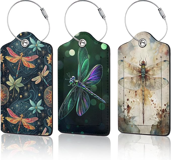 3 PCS Dragonfly Luggage Tags, Fantasy Dragonfly Suitcase Tags Privacy Cover ID by Unknown