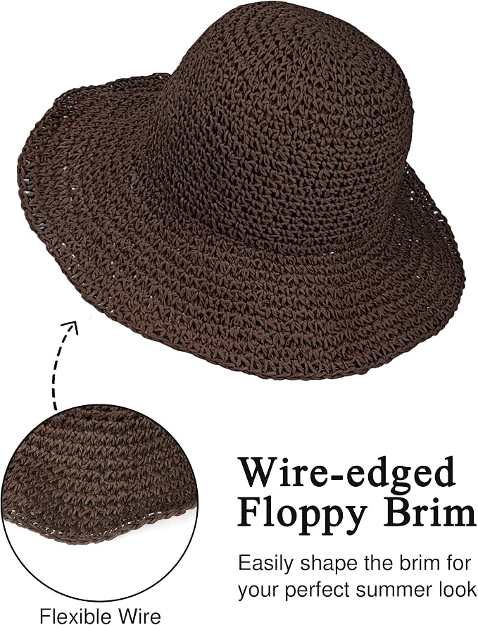 Womens Wide Brim Straw Sun Hat Foldable Floppy Crochet Beach Hat - Image 4