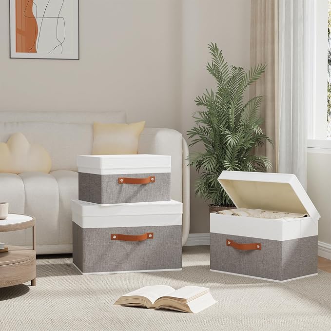 Fabric Storage Boxes with Lids, Linen Foldable Cloth Baskets, 17.7 x 11.8 x - Image 3