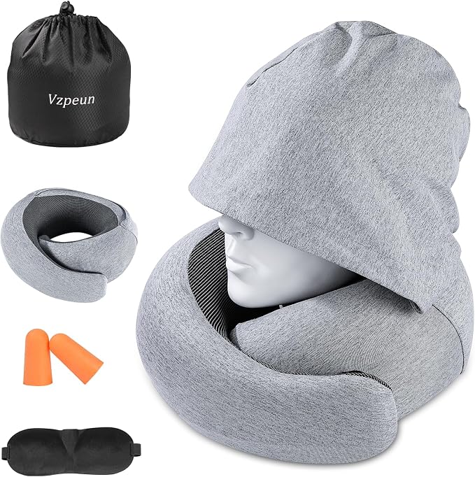 Travel Pillow - Hooded Neck Pillow Airplane Memory Foam Filling by Vzpeun