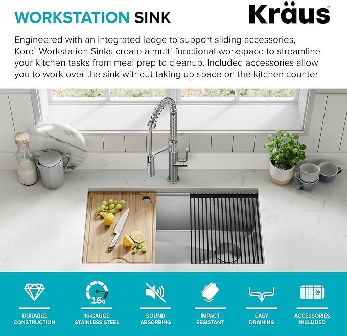 KRAUS Kore 32-Inch Undermount Workstation 16 Gauge Single Bowl Stainless Steel - Image 3