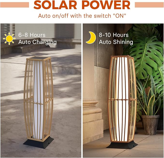 Grand patio Outdoor Floor Lamp Solar Powered Lantern Waterproof Wicker Boho - Image 3