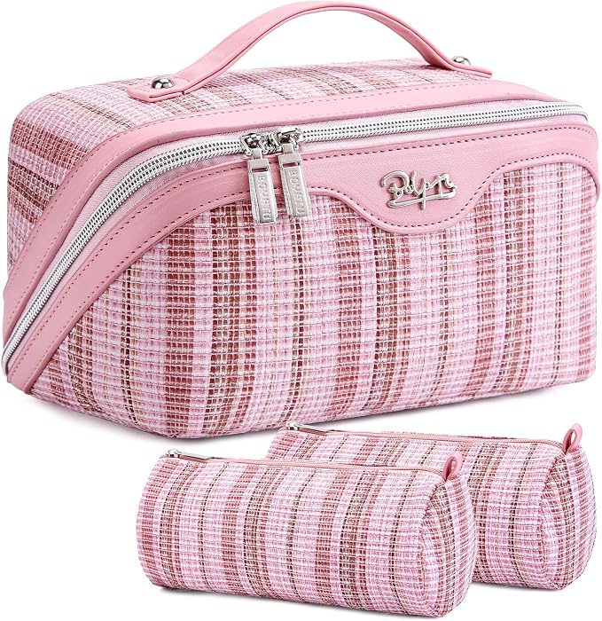 Travel Makeup Bag for Women: Large Capacity Open Flat Make up Bag Set of 3 by BOYATU