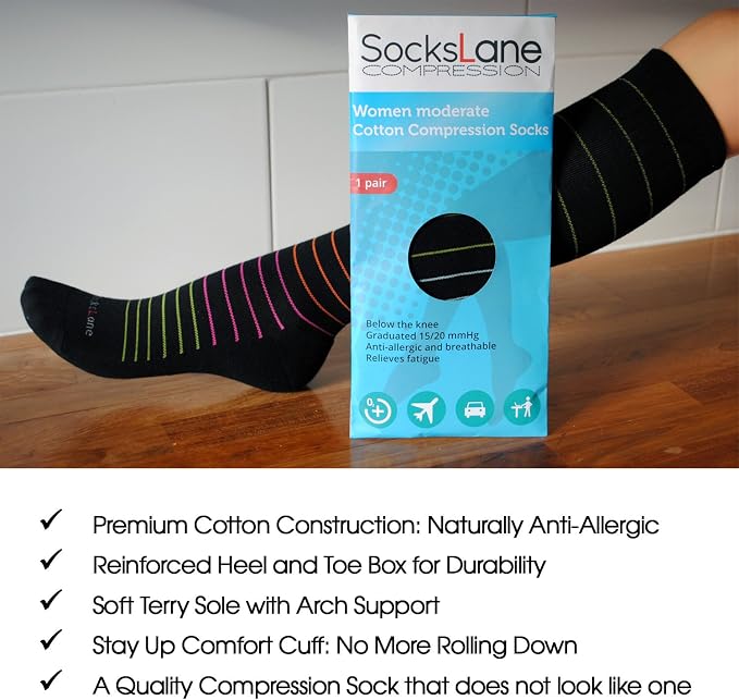 Cotton Compression Socks for Women & Men. 15-20 mmHg Support Knee-High Solid - Image 3