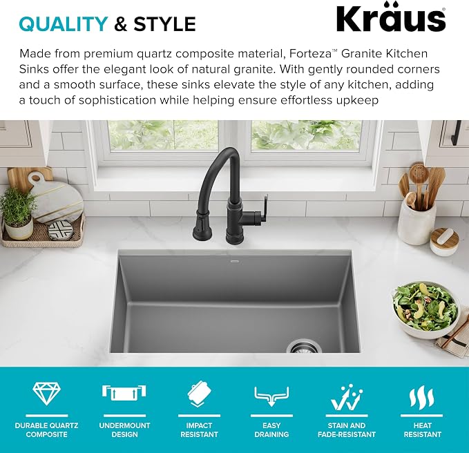 KRAUS Forteza 32-inch Undermount Single Bowl Granite Kitchen Sink in Grey - Image 2