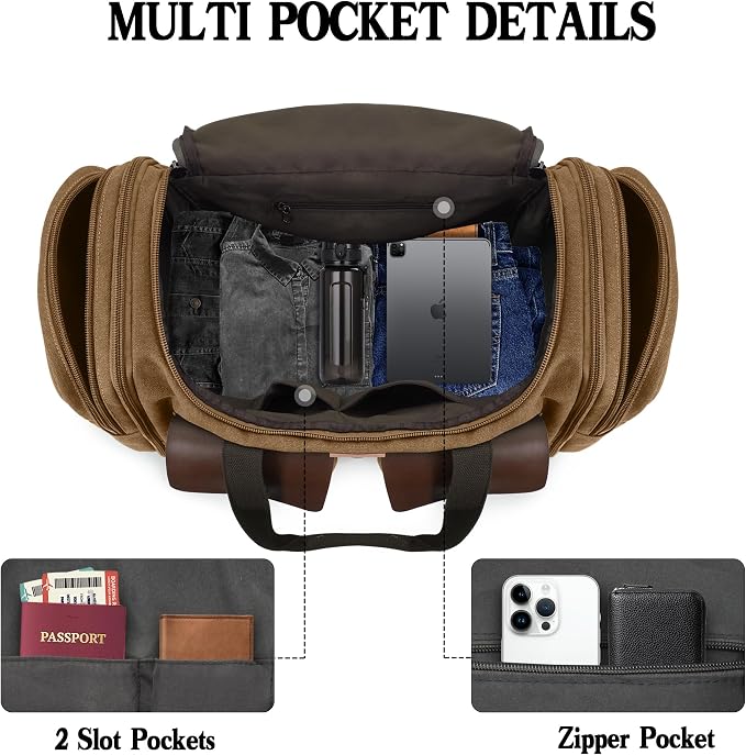 Canvas Duffle Bag for Men 50L Travel Duffel Bags Expandable Genuine Leather - Image 4