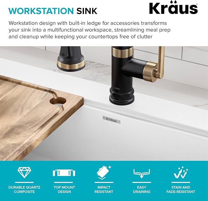 KRAUS Bellucci 33” Workstation Drop In Retrofit Farmhouse Single Bowl Granite - Image 5