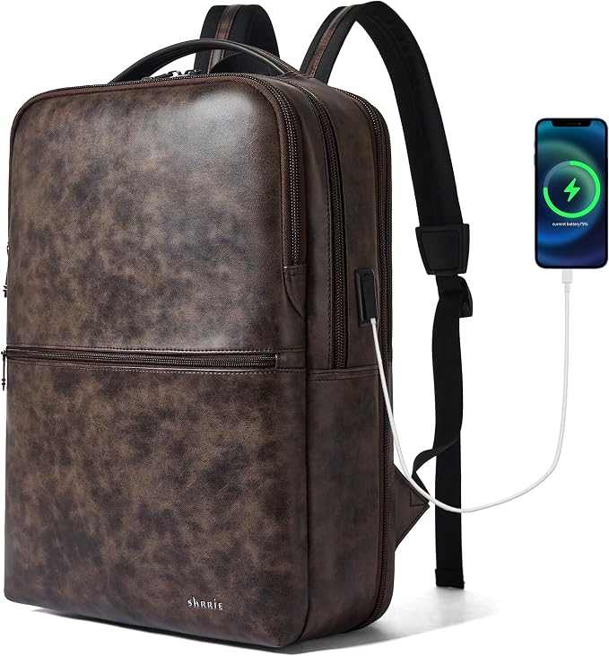 Vegan Leather Laptop Backpack for Women&Men, 16 Inch Expandable Backpack by Shrrie