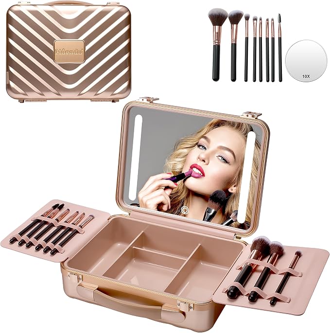 Mocado Travel Makeup Case with Lighted Mirror, Makeup Box with 8 Makeup Brushes by Mocado