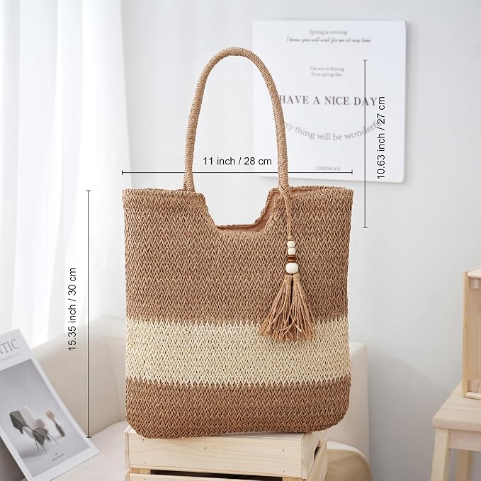 Straw Beach Bags for Women Woven Beach Tote Bag Casual Boho Large Shoulder - Image 4