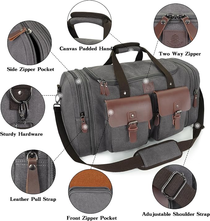 Canvas Duffle Bag for Men 50L Travel Duffel Bags Expandable Genuine Leather - Image 3