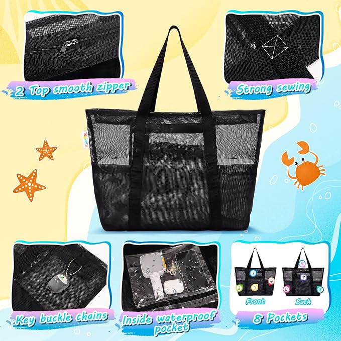 Tagitary Mesh Beach Bag with Zipper Large Beach Tote Waterproof Sandproof with - Image 3