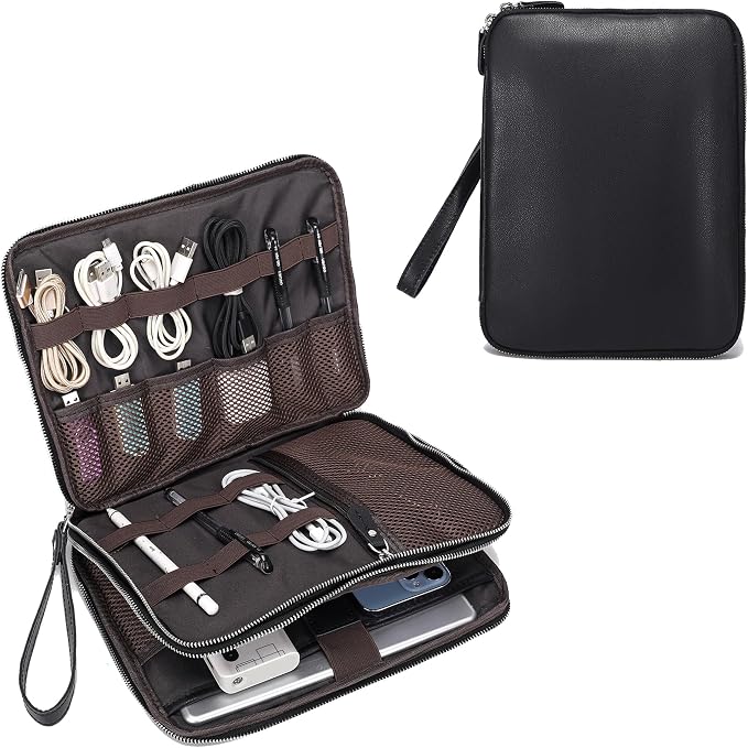 LANNSYNE Full Grain Leather Travel Cable Accessories Bag, Electronic Organizer by LANNSYNE