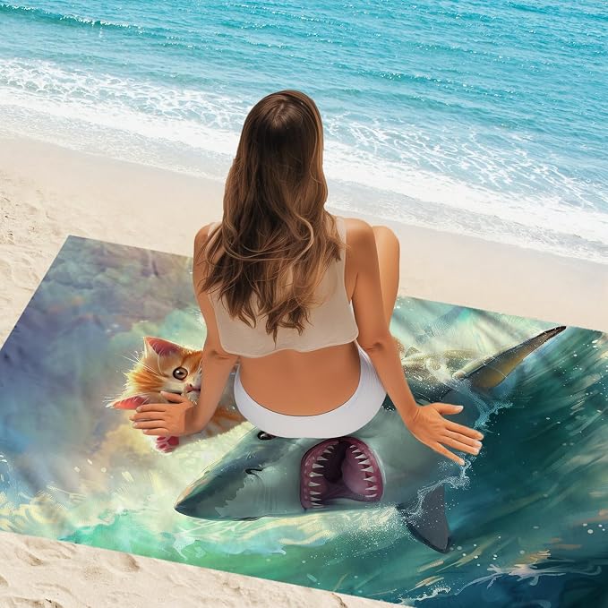 WZOMT Cute Cat Beach Towel, Microfiber Shark Beach Towel, Funny Cat Ride Shark - Image 7