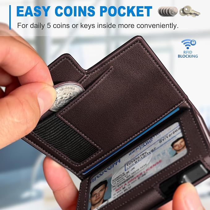Men Wallet, with Money Clip Coins Pocket ID Window, Slim Front Pocket RFID - Image 4