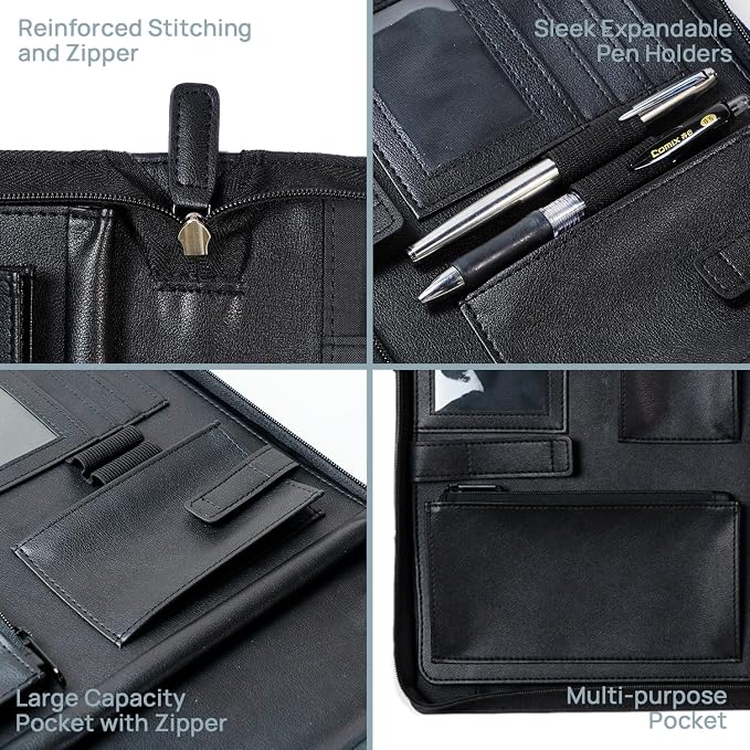 POPRUN Portfolio Binder with Zipper, Leather Padfolio Document Organizer with - Image 4