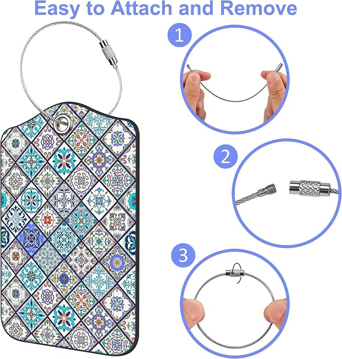 2 Pack Luggage Tags Colorful Moroccan Portuguese Tiles PU Leather Baggage Tag - Image 4